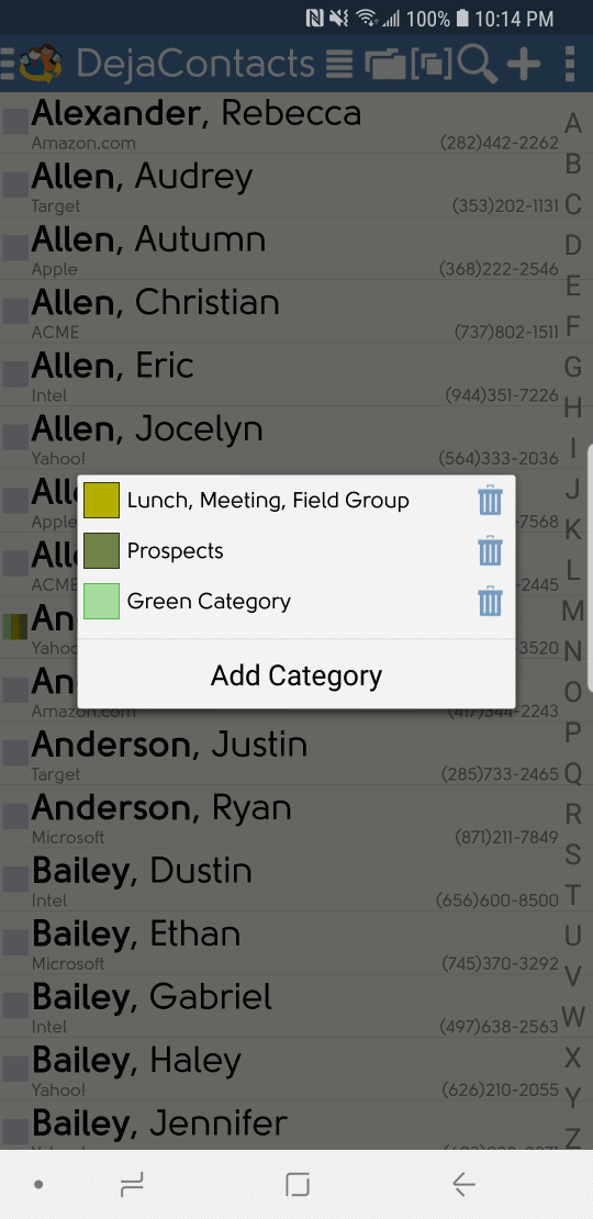 DejaOffice category quick add screen
