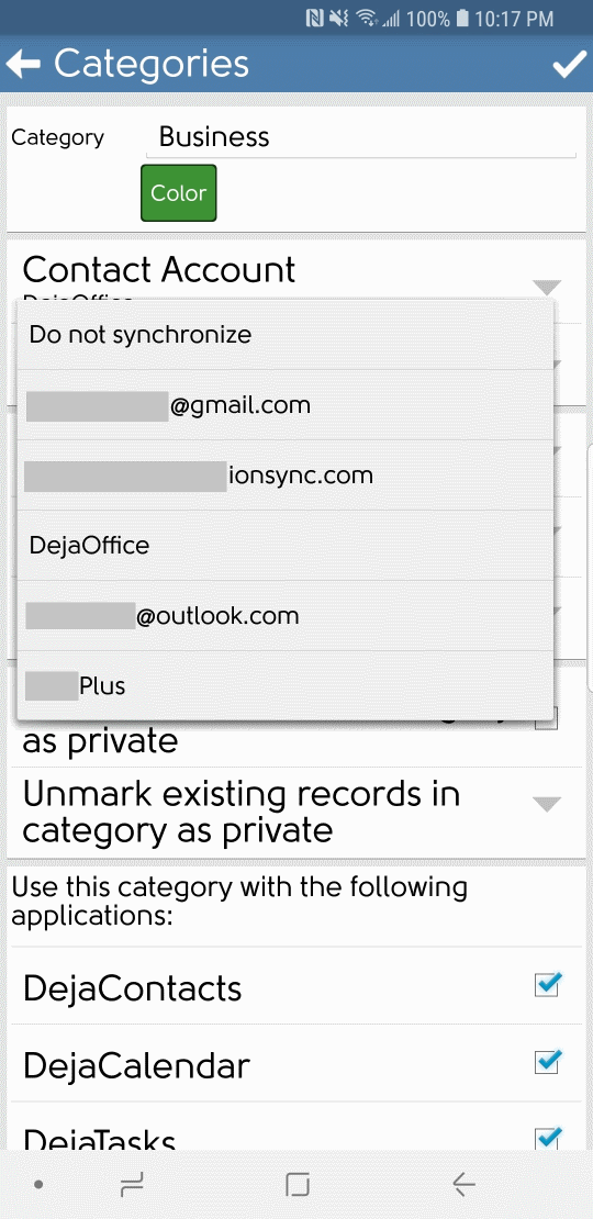 DejaOffice category contact account selection