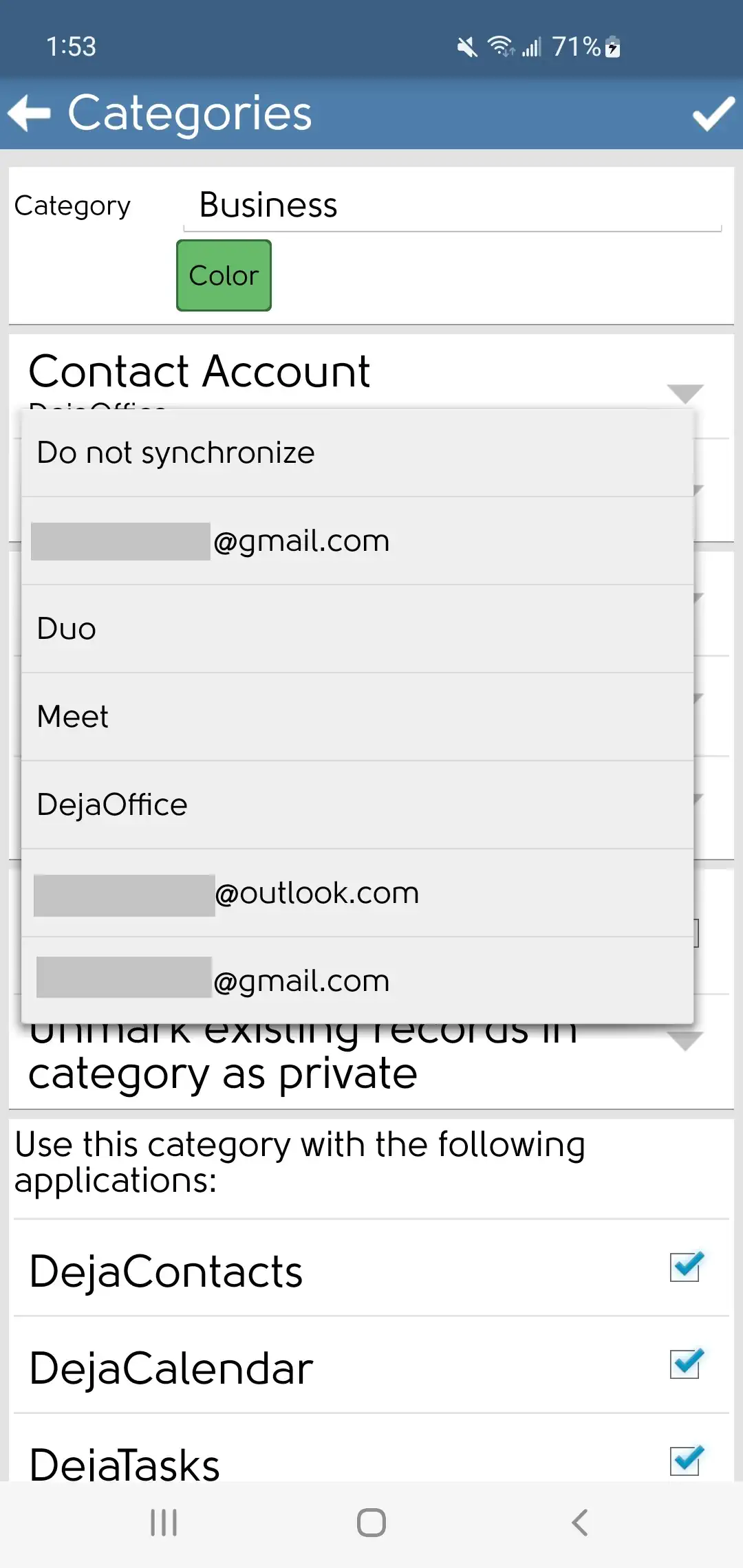DejaOffice categorie contact account selectie
