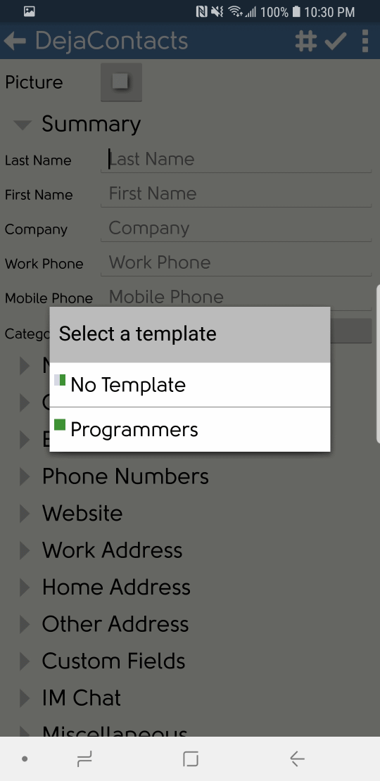DejaOffice Template Application for a New Record