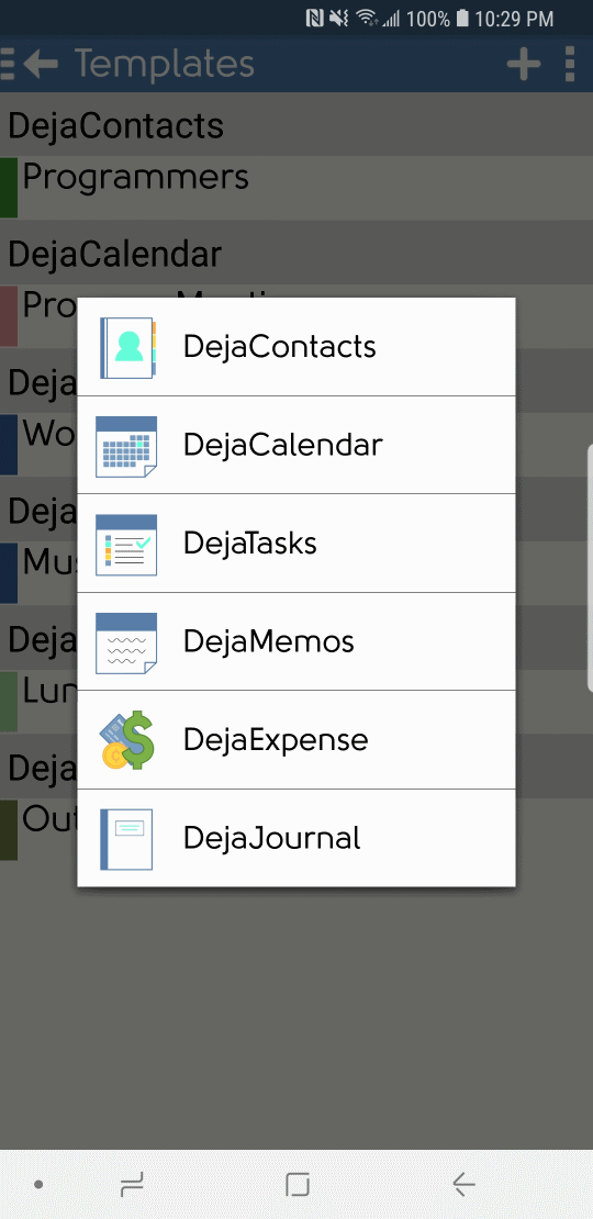 DejaOffice New Template Type Selection