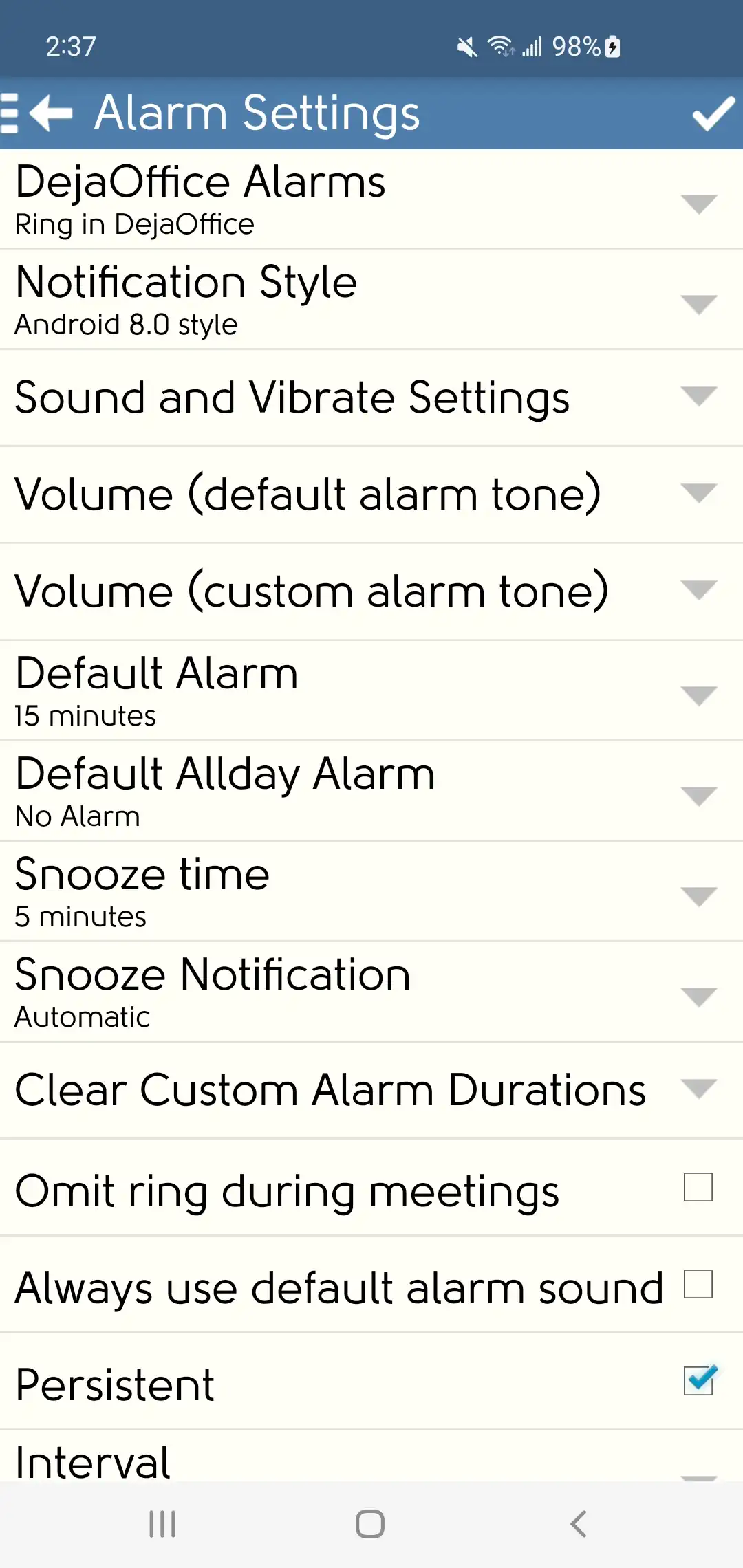 DejaOffice Paramètres d'alarme