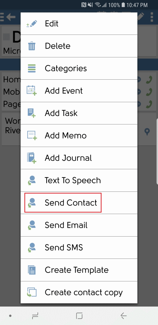 DejaOffice Menü mit der Option „Einzelnen Datensatz senden“.