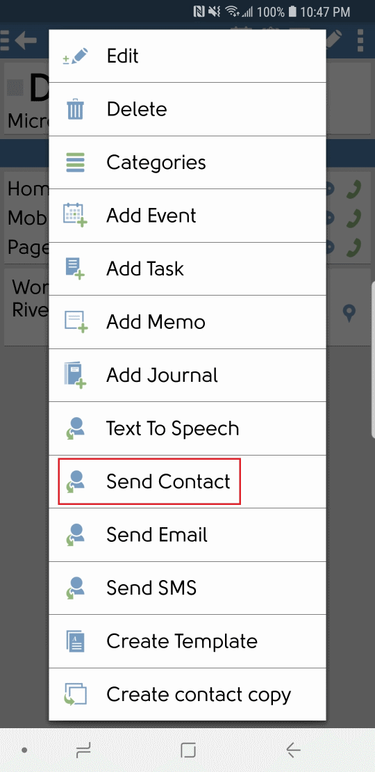 DejaOffice Menu with Send Individual Record Option