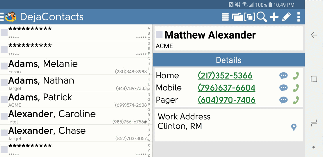 DejaOffice Contacts with Tablet Mode Display