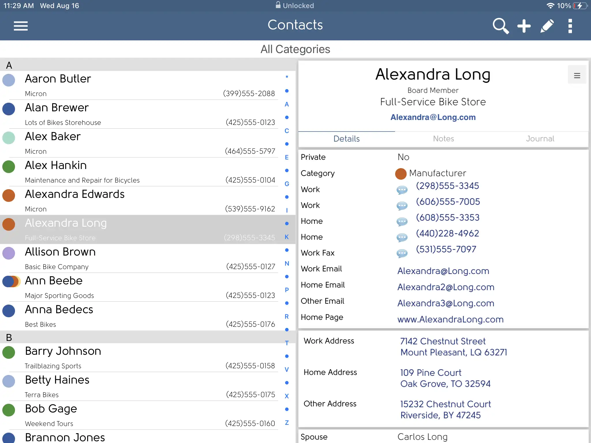 DejaOffice Kontakte mit Tablet-Modus-Anzeige