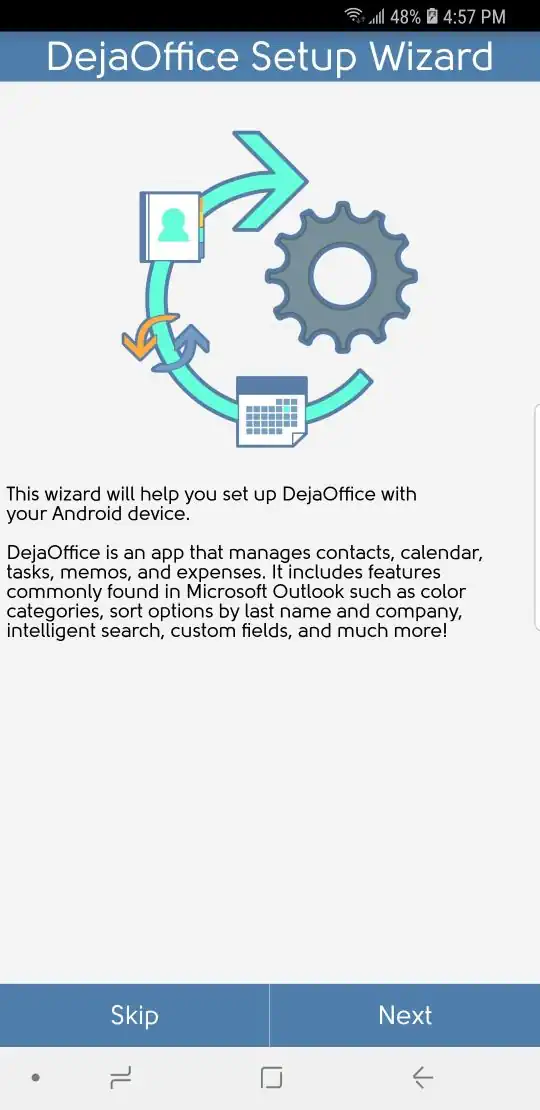 DejaOffice pour l'assistant de configuration Android