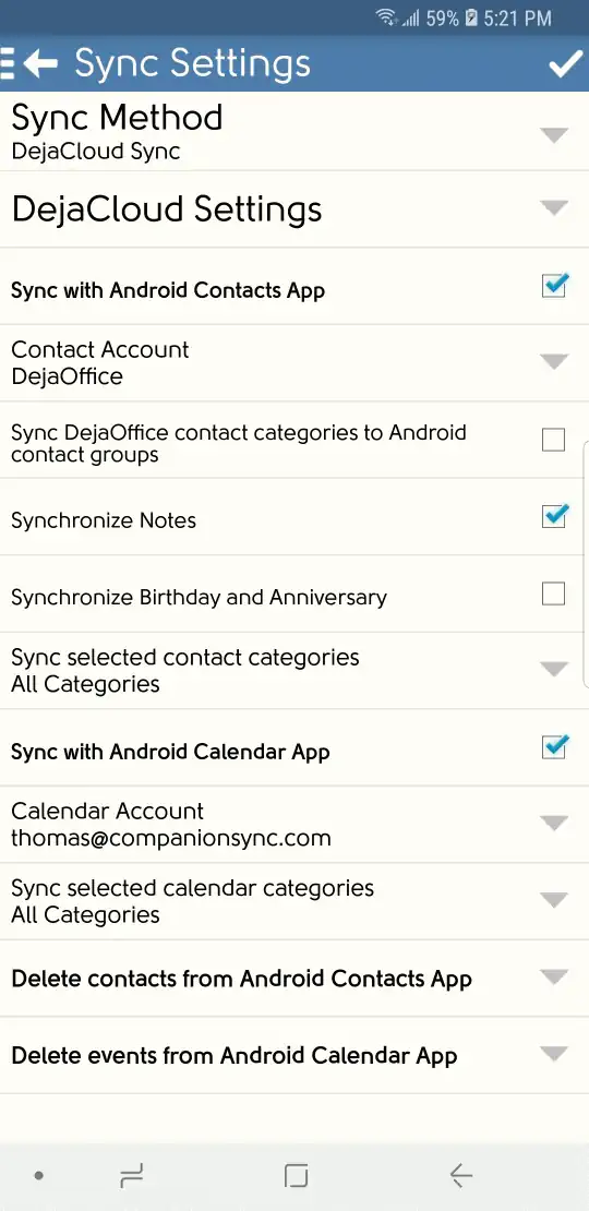 DejaOffice Opções de integração do Android