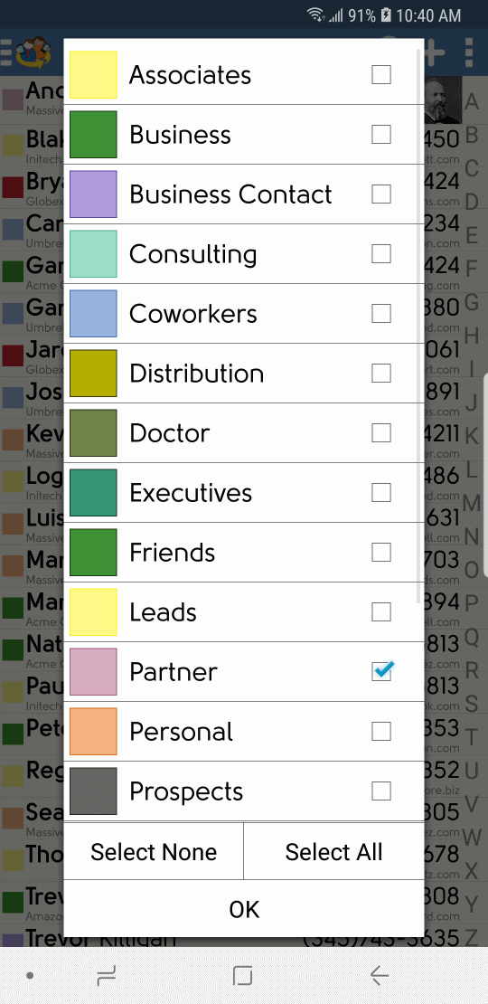 DejaOffice Contacts Category Selection
