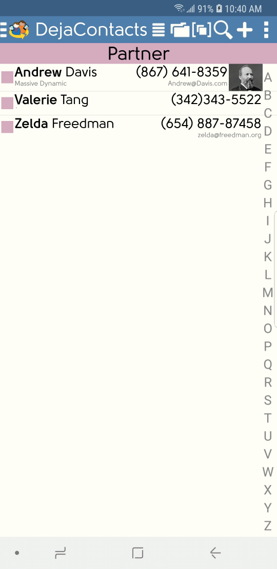 DejaOffice Contacts Display with Category Filter Applied
