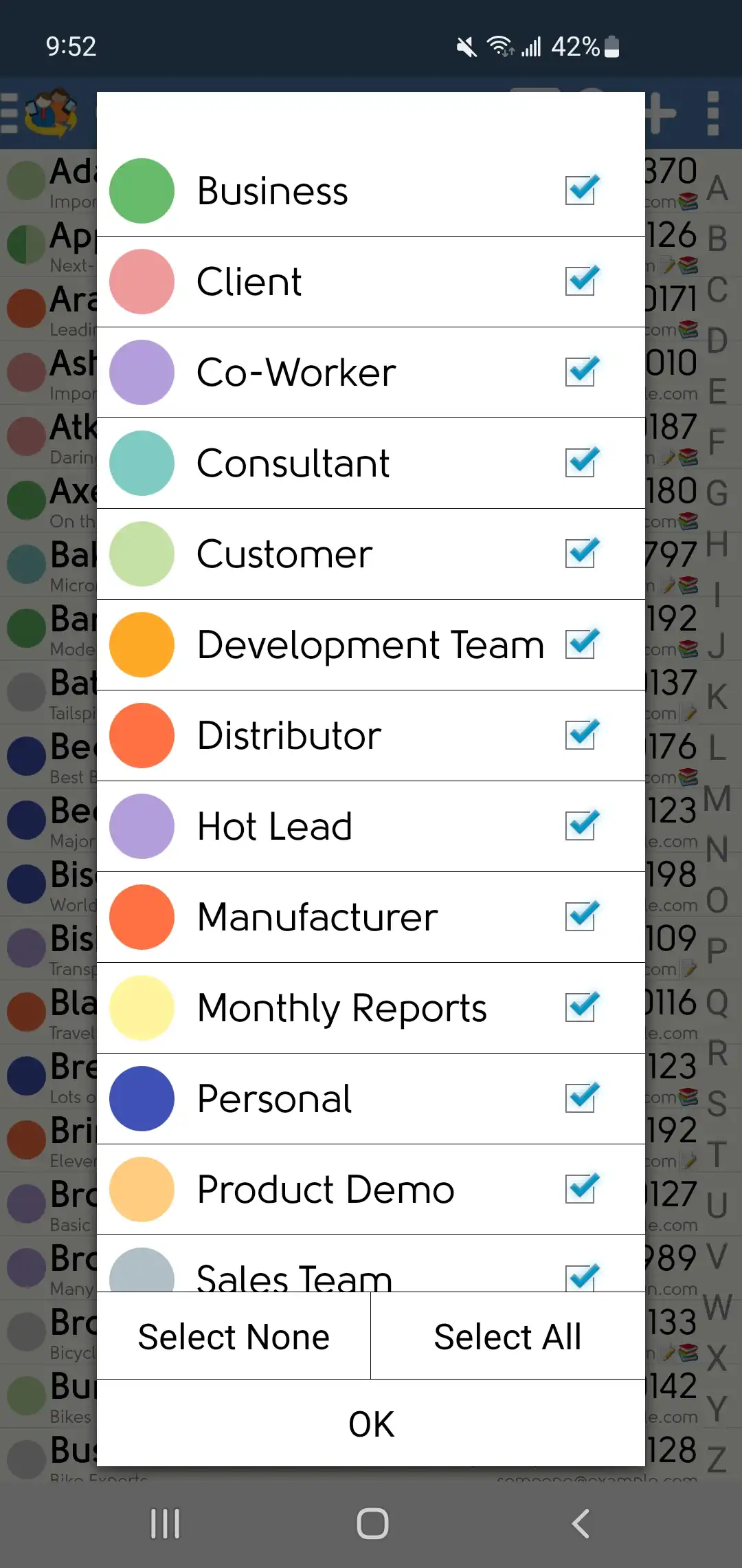 DejaOffice Contacts Category Selection