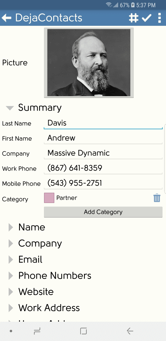 DejaOffice Add Contact Screen