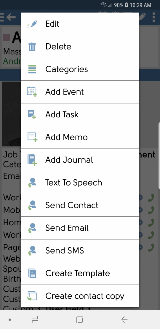 DejaOffice Contacts Options Menu