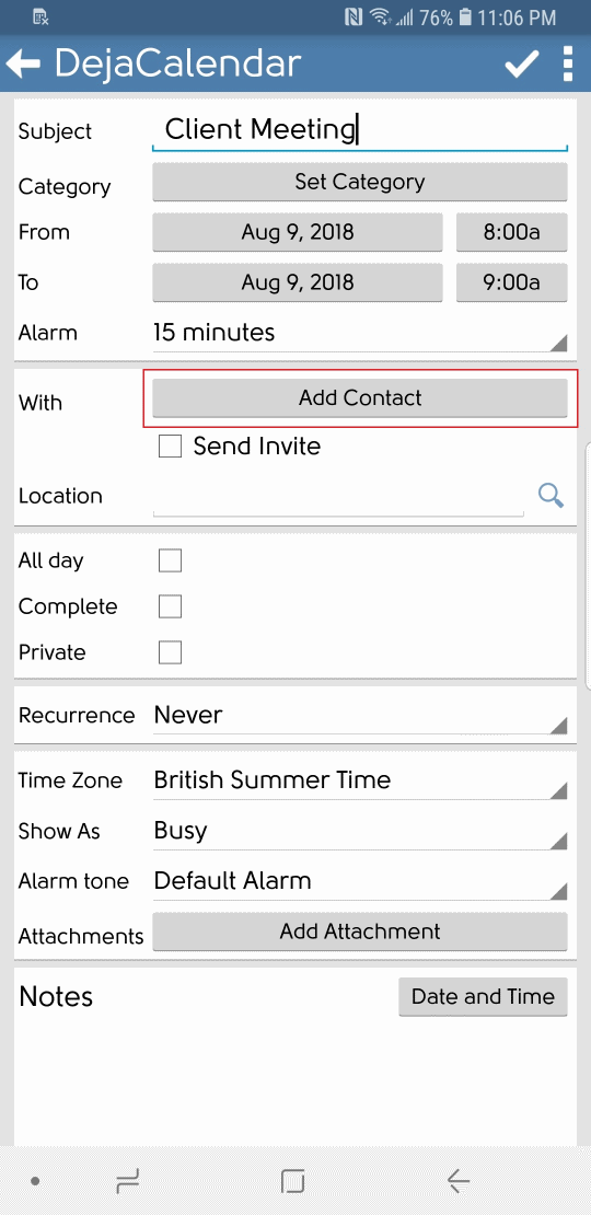 DejaOffice calendar event contact linking