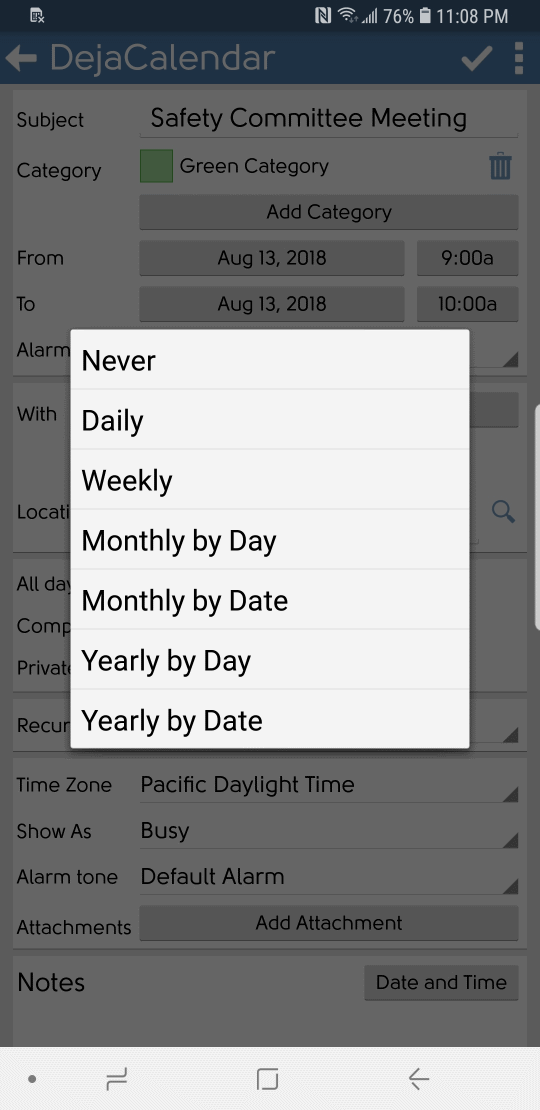 DejaOffice calendar event recurrence options