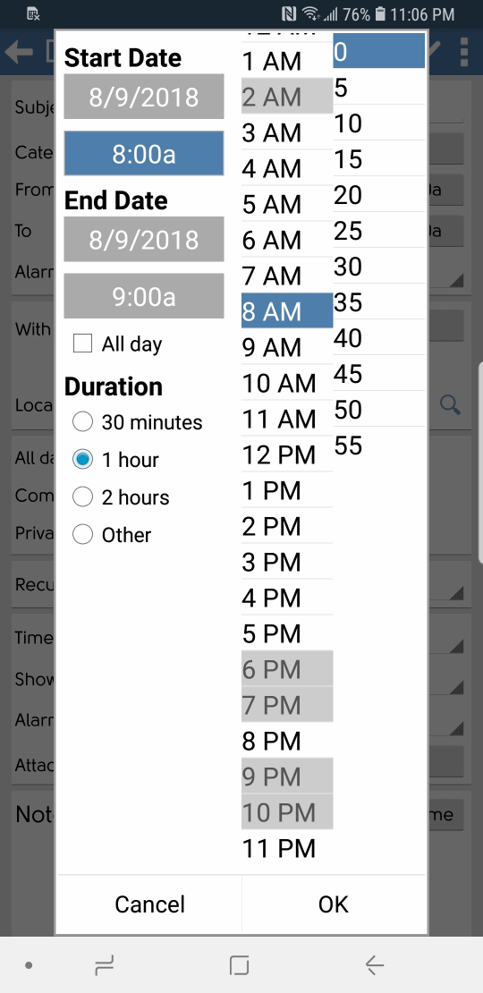 DejaOffice calendar new event creation