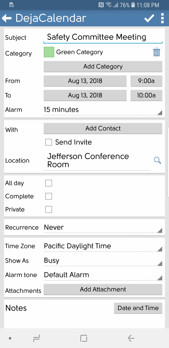 DejaOffice calendar new event time selection