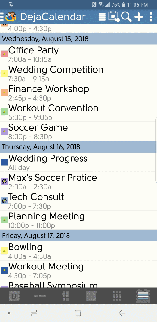 DejaOffice calendar List view