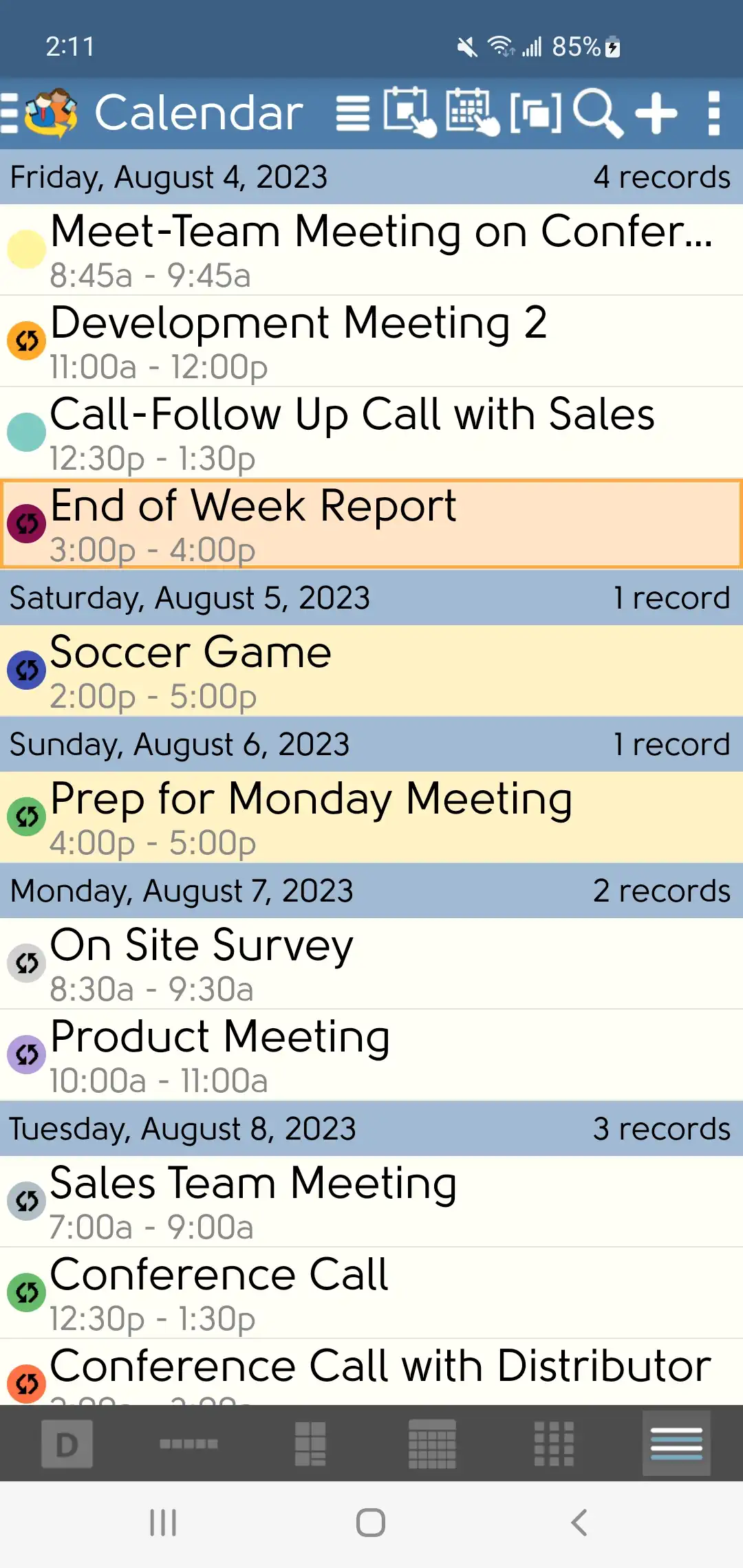DejaOffice vista de lista de calendário