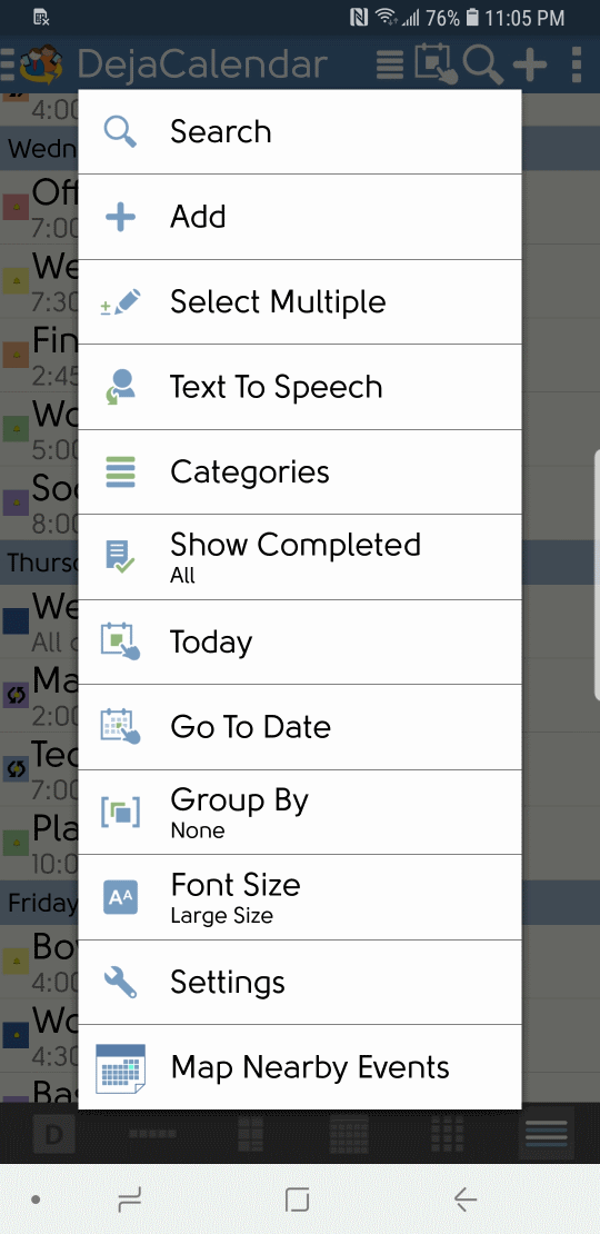 DejaOffice calendar Options screen
