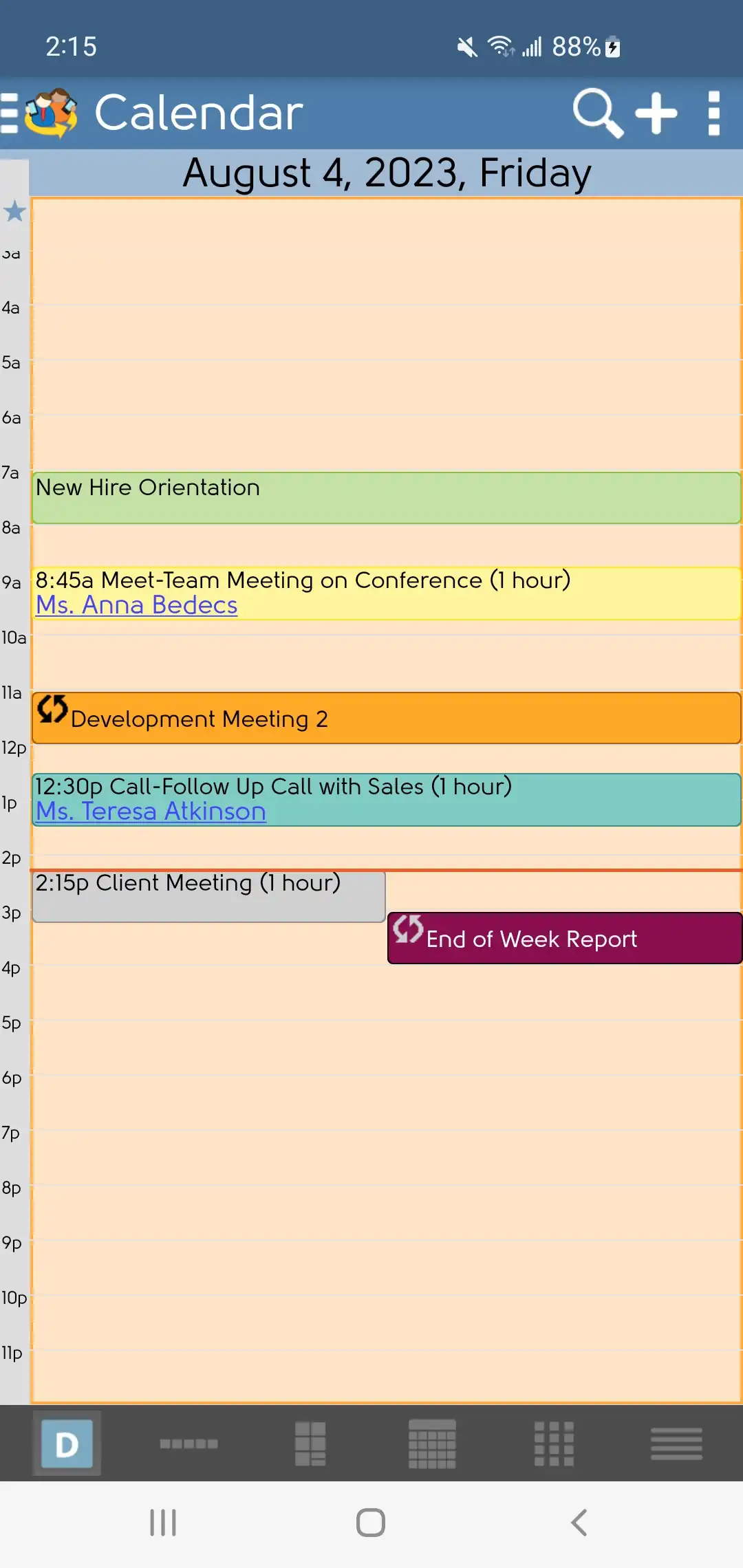 DejaOffice visualização em escala de calendário com pitada vertical
