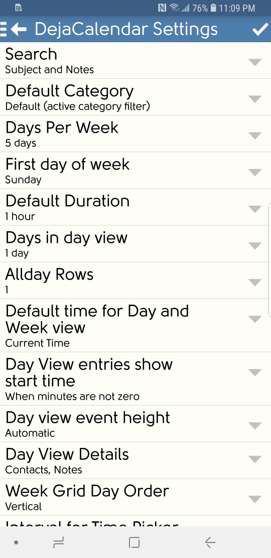 DejaOffice Calendar app settings