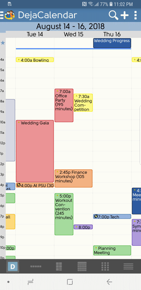 DejaOffice calendar 3-day view with horizaontal pinch