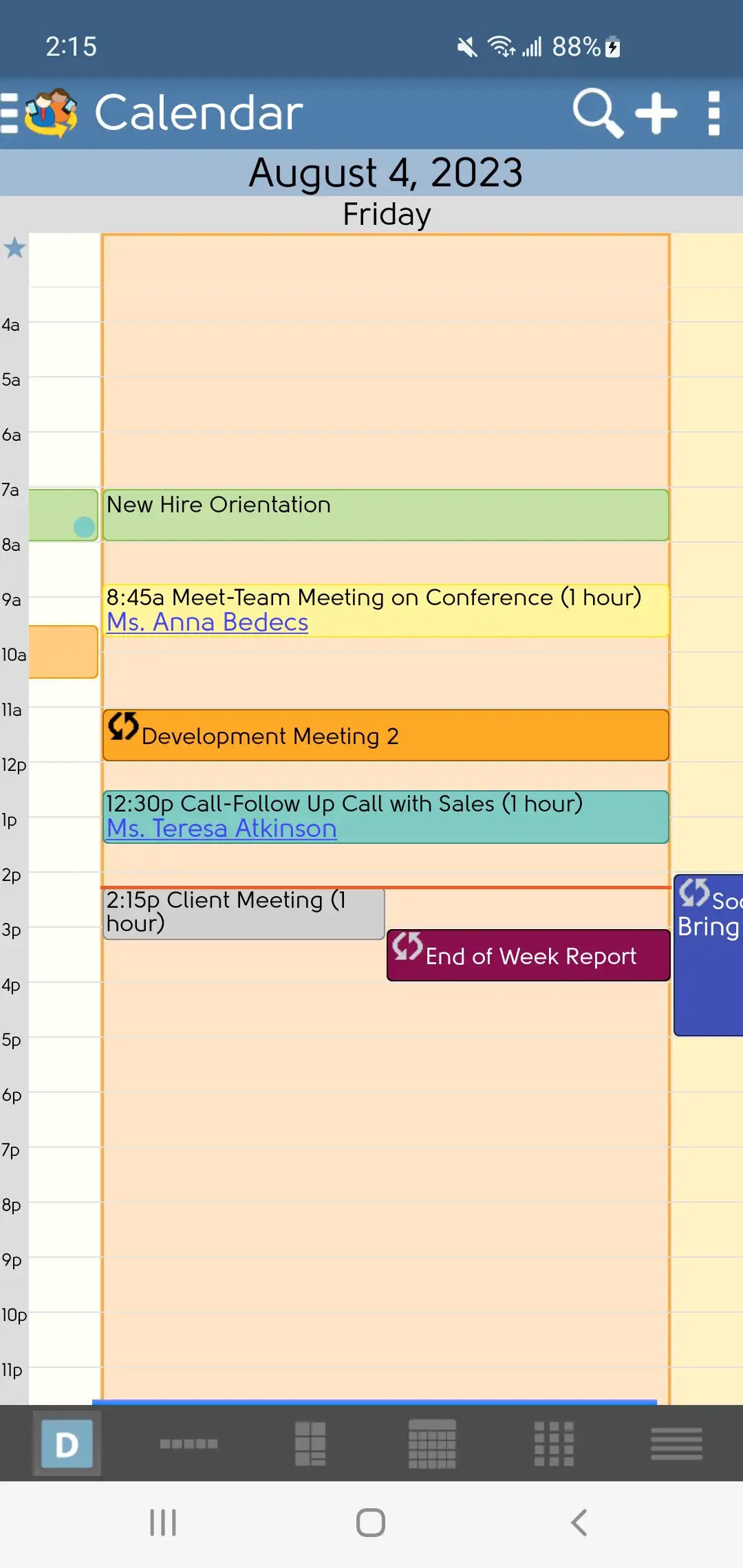 DejaOffice kalender 3-daagse weergave met horizontale snuifje