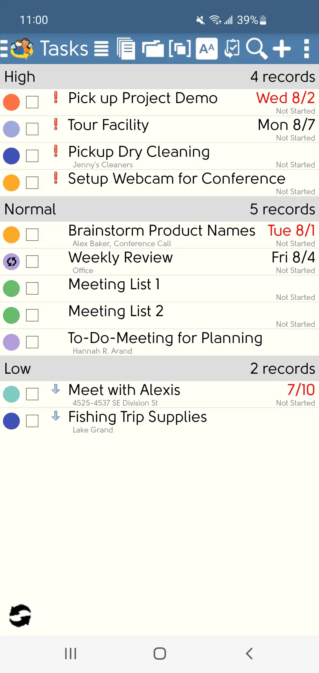 DejaOffice Task List with Group by Priority