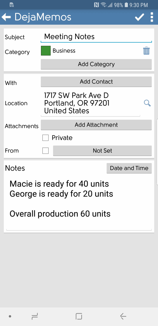 DejaOffice Add Memo Edit Screen
