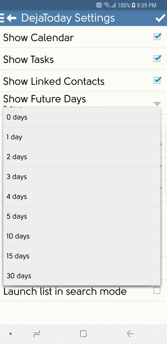DejaOffice Today Future Days Option