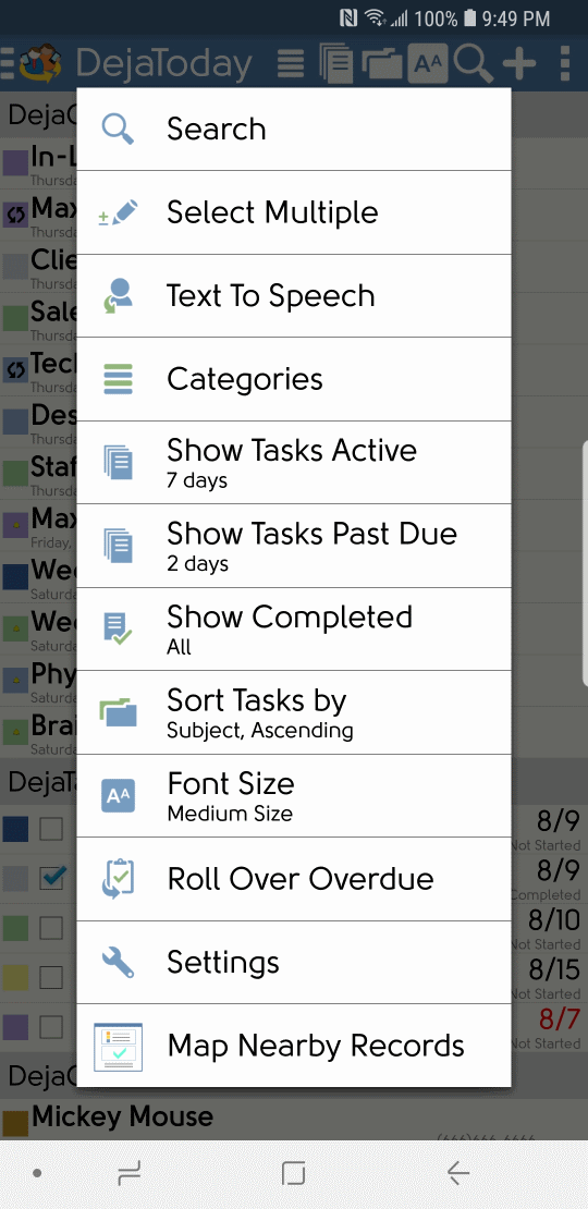 DejaOffice Today Options Menu