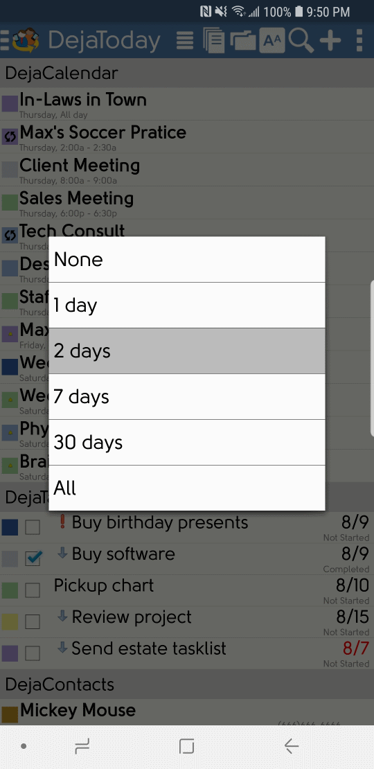 DejaOffice Today Task Options
