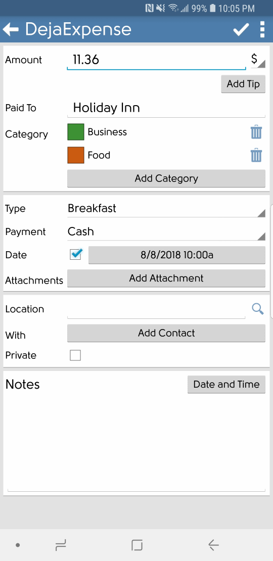 DejaOffice Add Expense Edit Screen