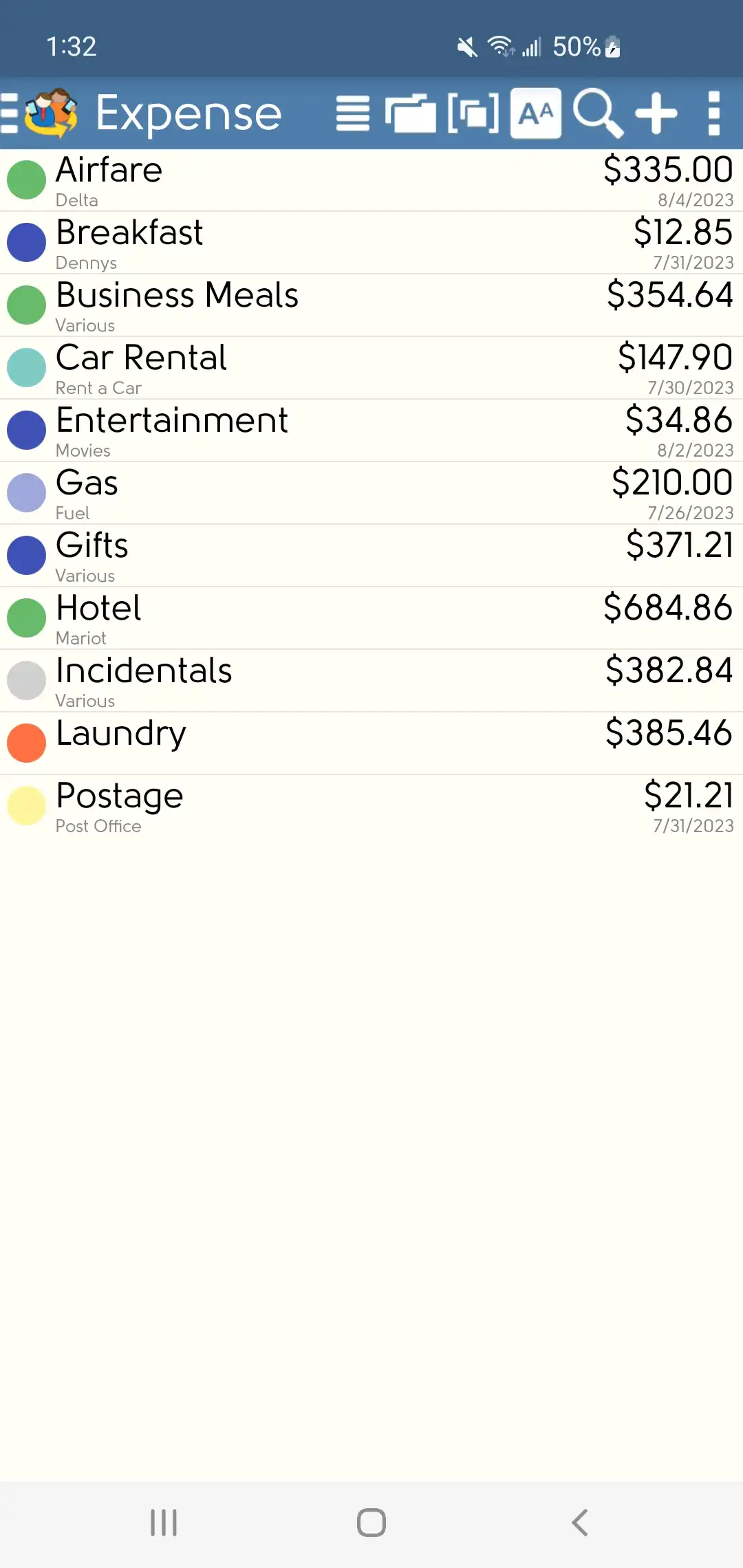 DejaOffice Liste des dépenses