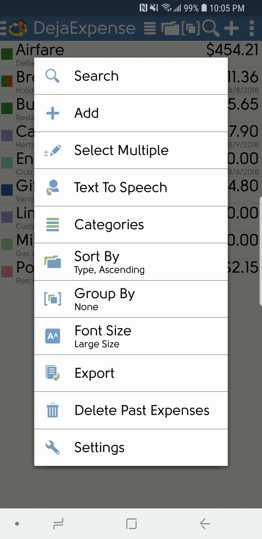 DejaOffice Expense Menu Options with Export
