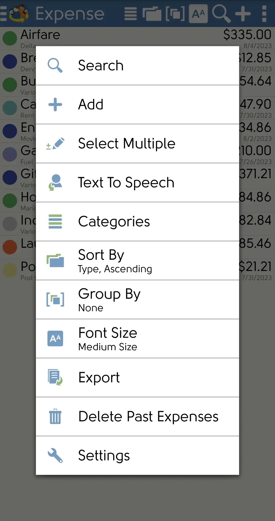 DejaOffice Options du menu des dépenses avec exportation
