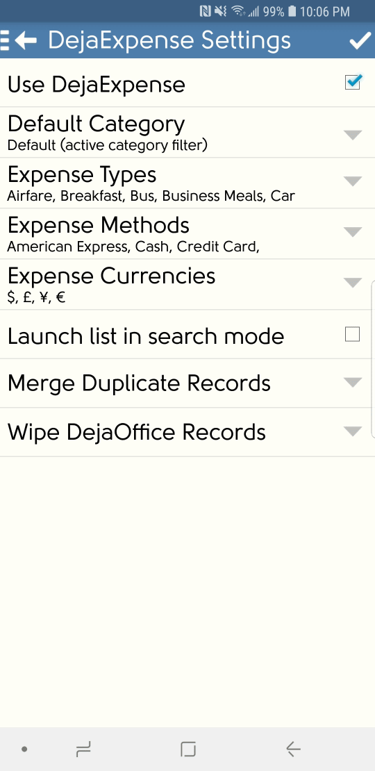 DejaOffice Expense Settings